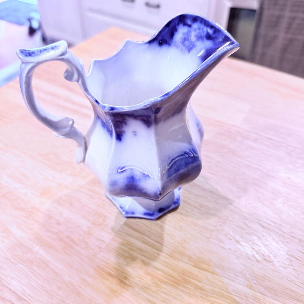 Antique J. and G. Alcock Scinde Flow Blue Sugar Bowl - Creamer Set, Victorian c.